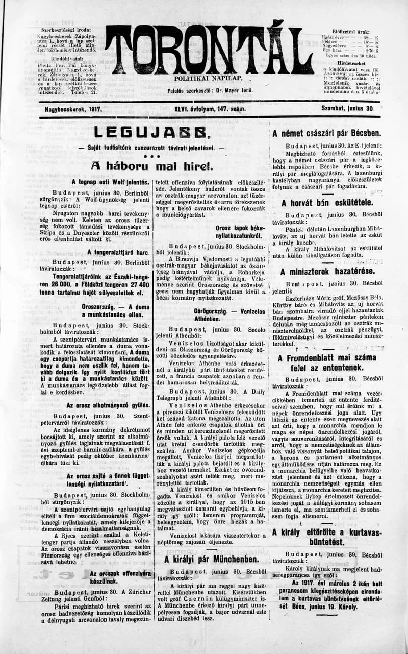 Torontál, 46. évf. 1917. június 30. 147. sz.