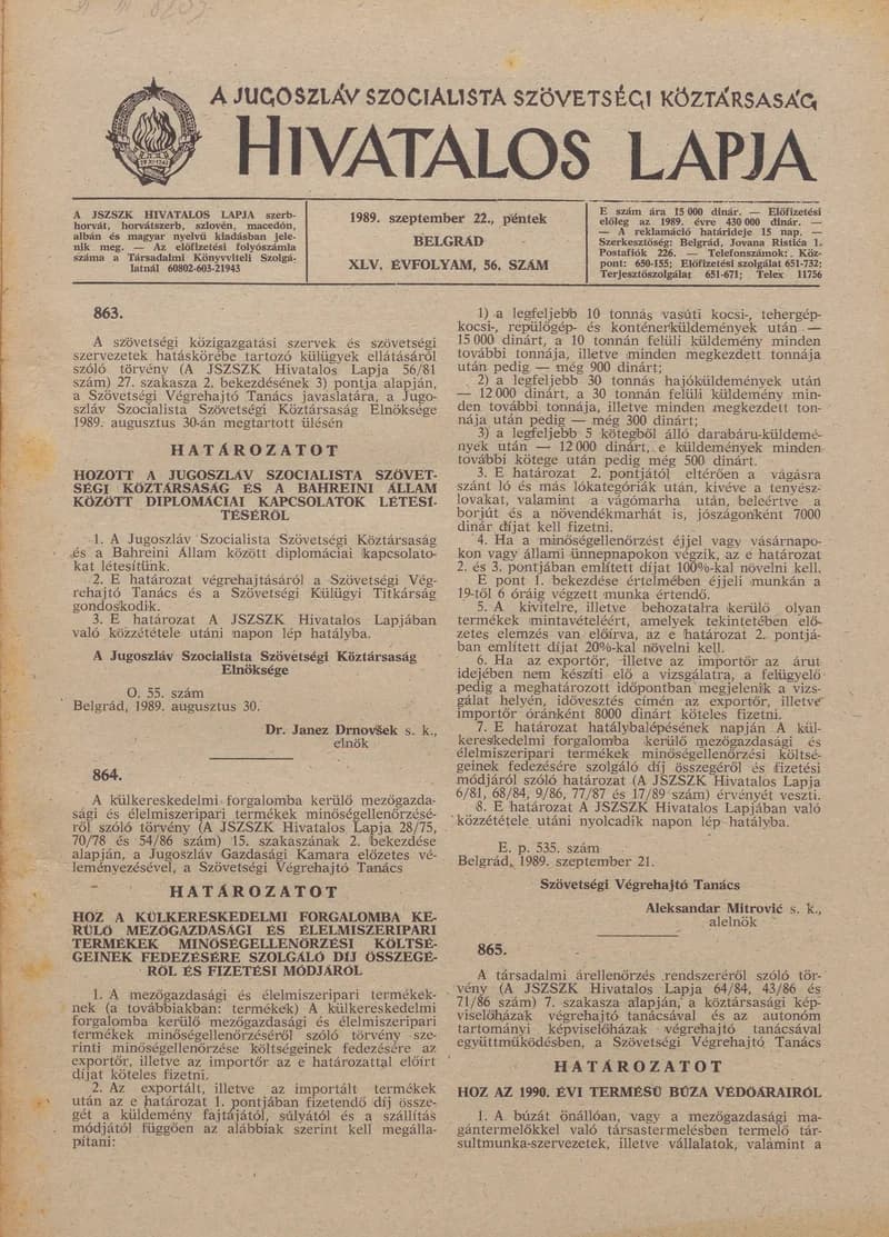 A Jugoszláv Szocialista Szövetségi Köztársaság Hivatalos Lapja, 45. évf. 1989. szeptember 22. 56. sz. 1339–1436. oldal