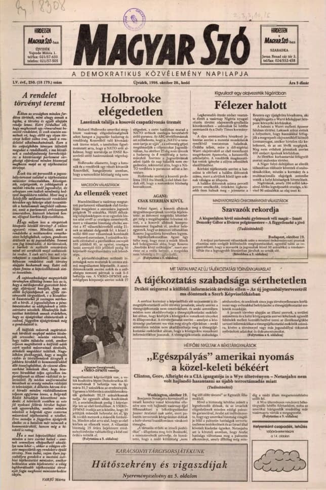 Magyar Szó, 55. évf. 1998. október 20. 250. sz. 1–16. oldal