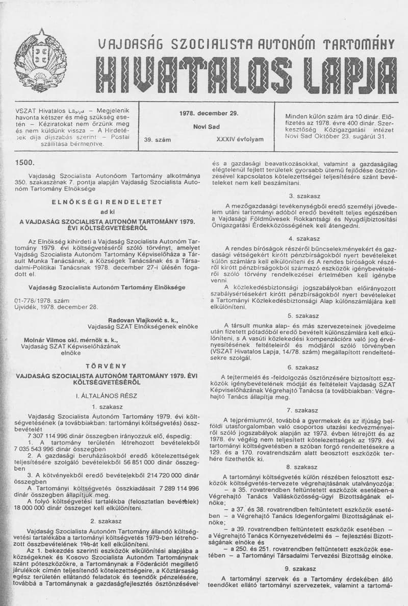 Vajdaság Szocialista Autonóm Tartomány Hivatalos Lapja, 34. évf. 1978. december 29. 39. sz. 1805–1856. oldal