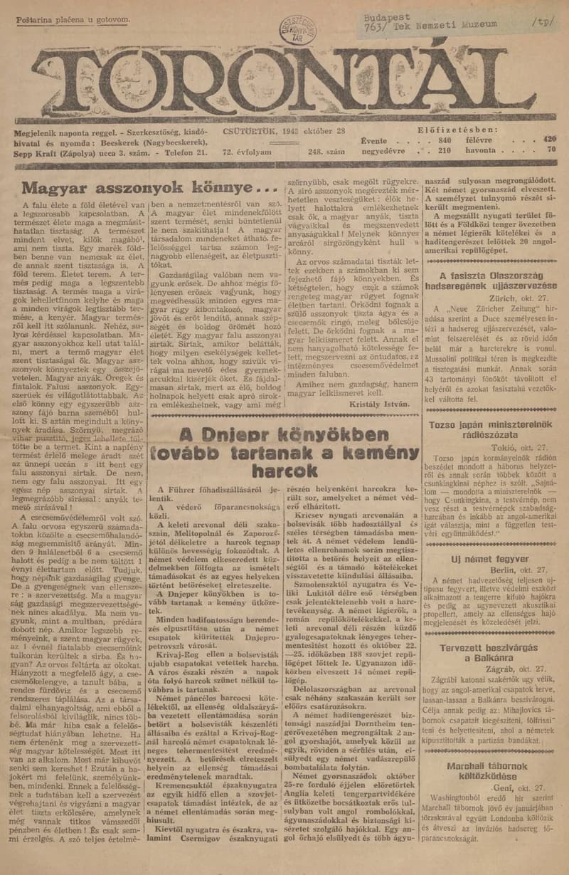 Torontál, 72. évf. 1943. október 28. 248. sz.
