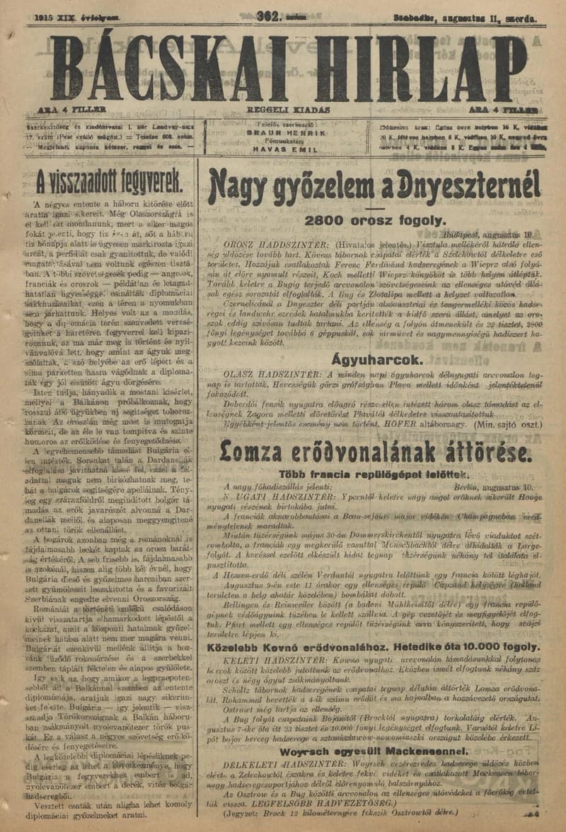 Bácskai Hirlap, 19. évf. 1915. augusztus 11. 362. sz.