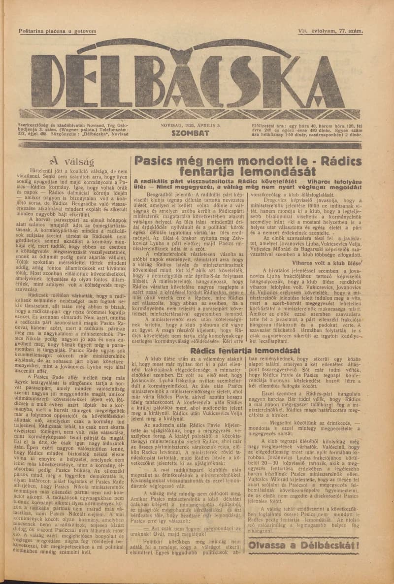 Délbácska, 7. évf. 1926. április 3. 77. sz.