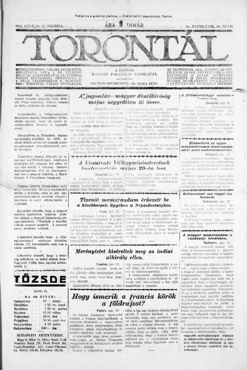 Torontál, 58. évf. 1929. április 17. 89. sz.