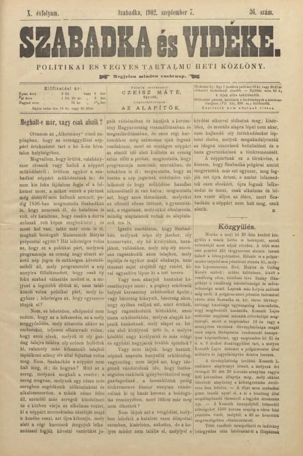 Szabadka és vidéke II, 10. évf. 1902. szeptember 7. 36. sz.