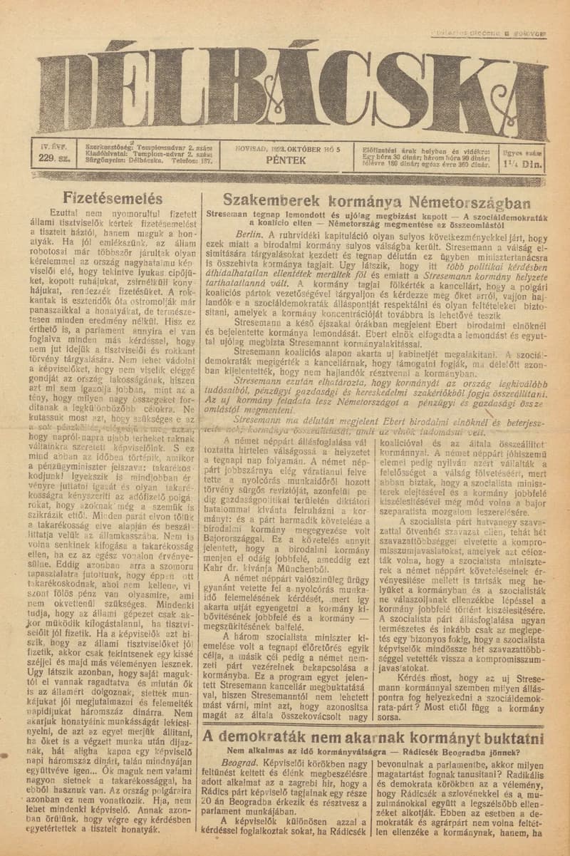 Délbácska, 4. évf. 1923. október 5. 229. sz.
