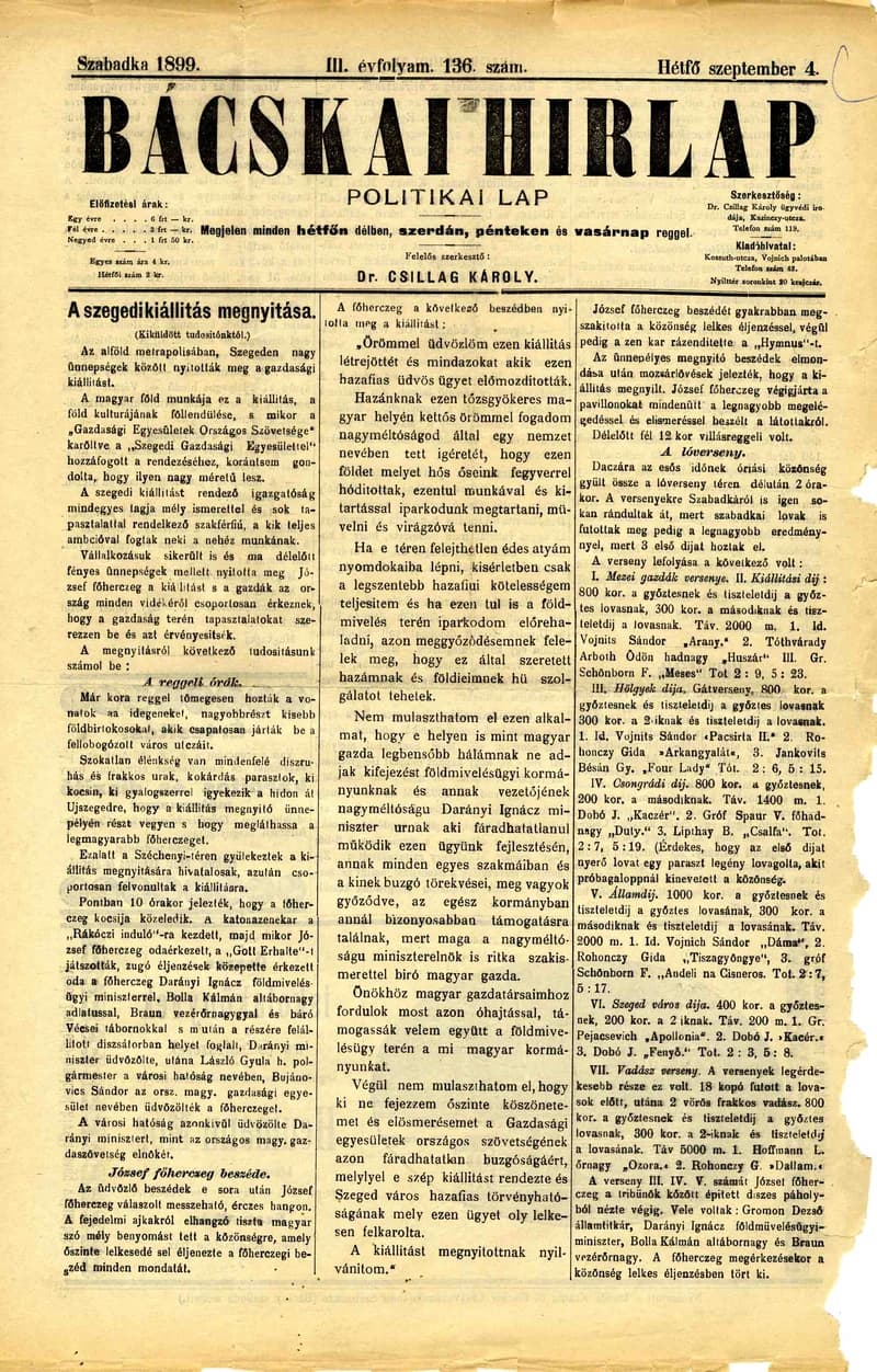 Bácskai Hirlap, 3. évf. 1899. szeptember 4. 136. sz.