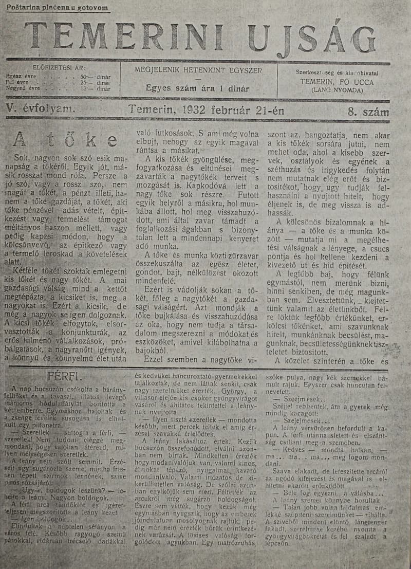 Temerini Újság 1928-1944, 5. évf. 1932. február 21. 8. sz.