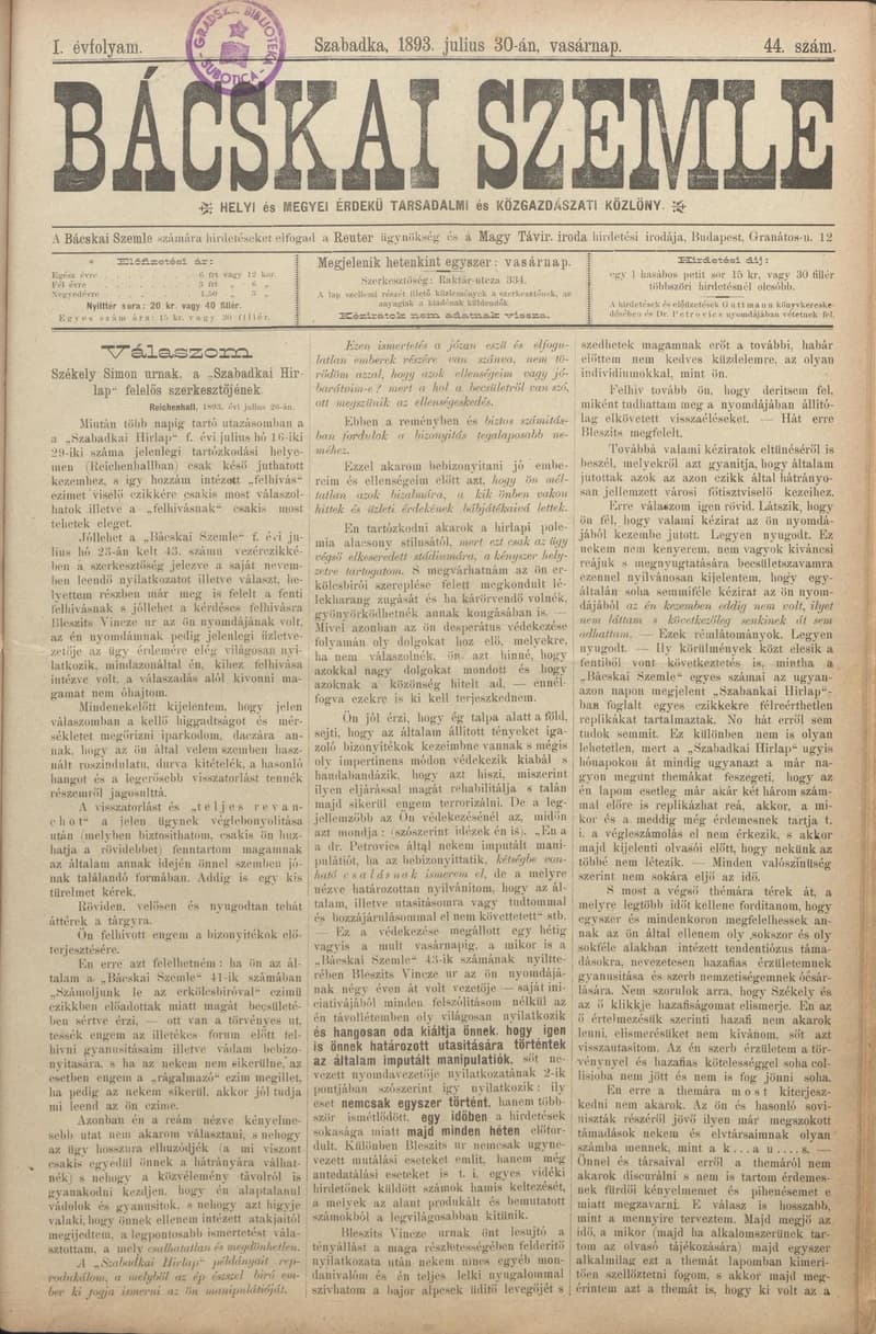 Bácskai Szemle, 1. évf. 1893. július 30. 44. sz.