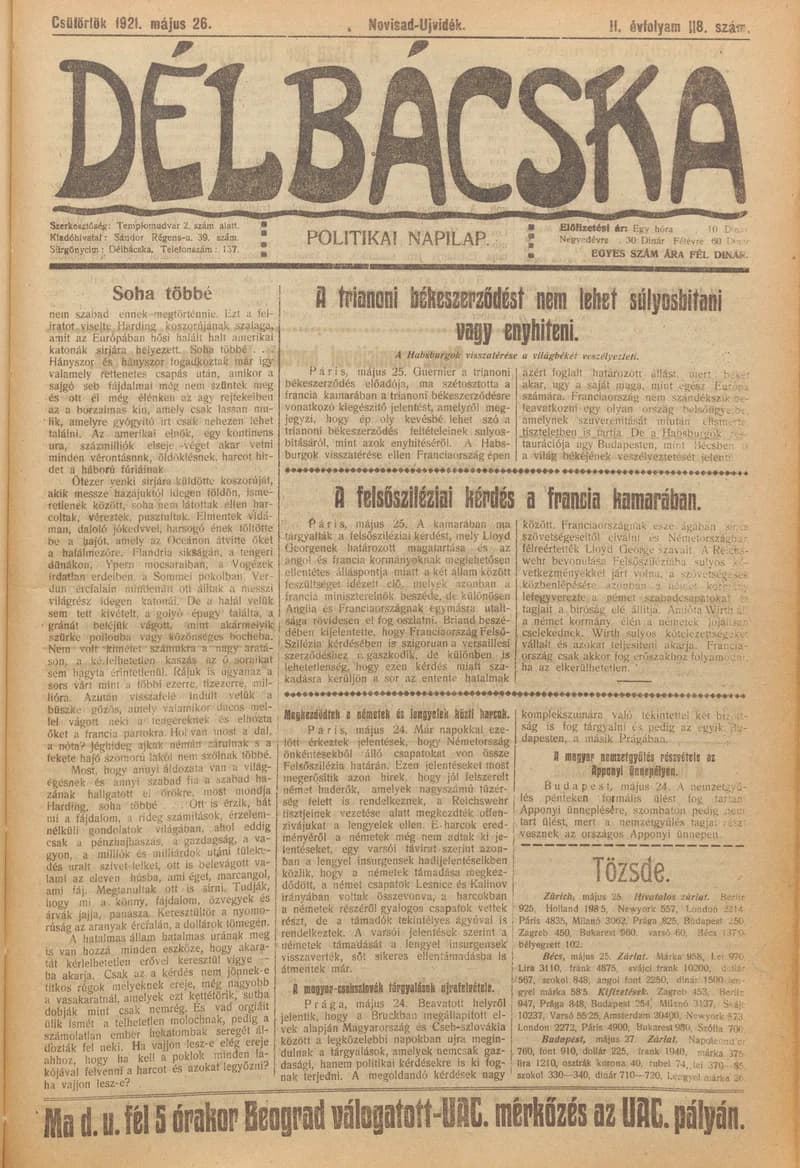 Délbácska, 2. évf. 1921. május 26. 118. sz.