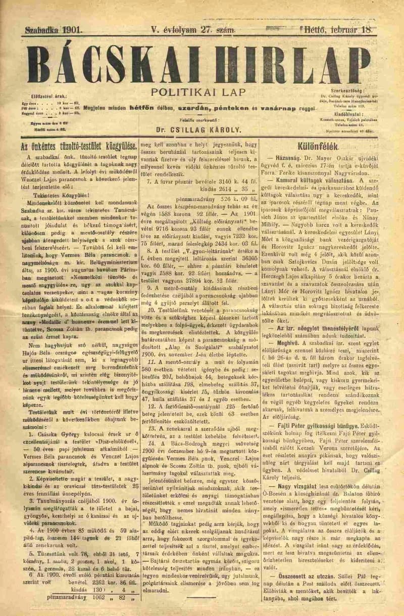 Bácskai Hirlap, 5. évf. 1901. február 18. 27. sz.