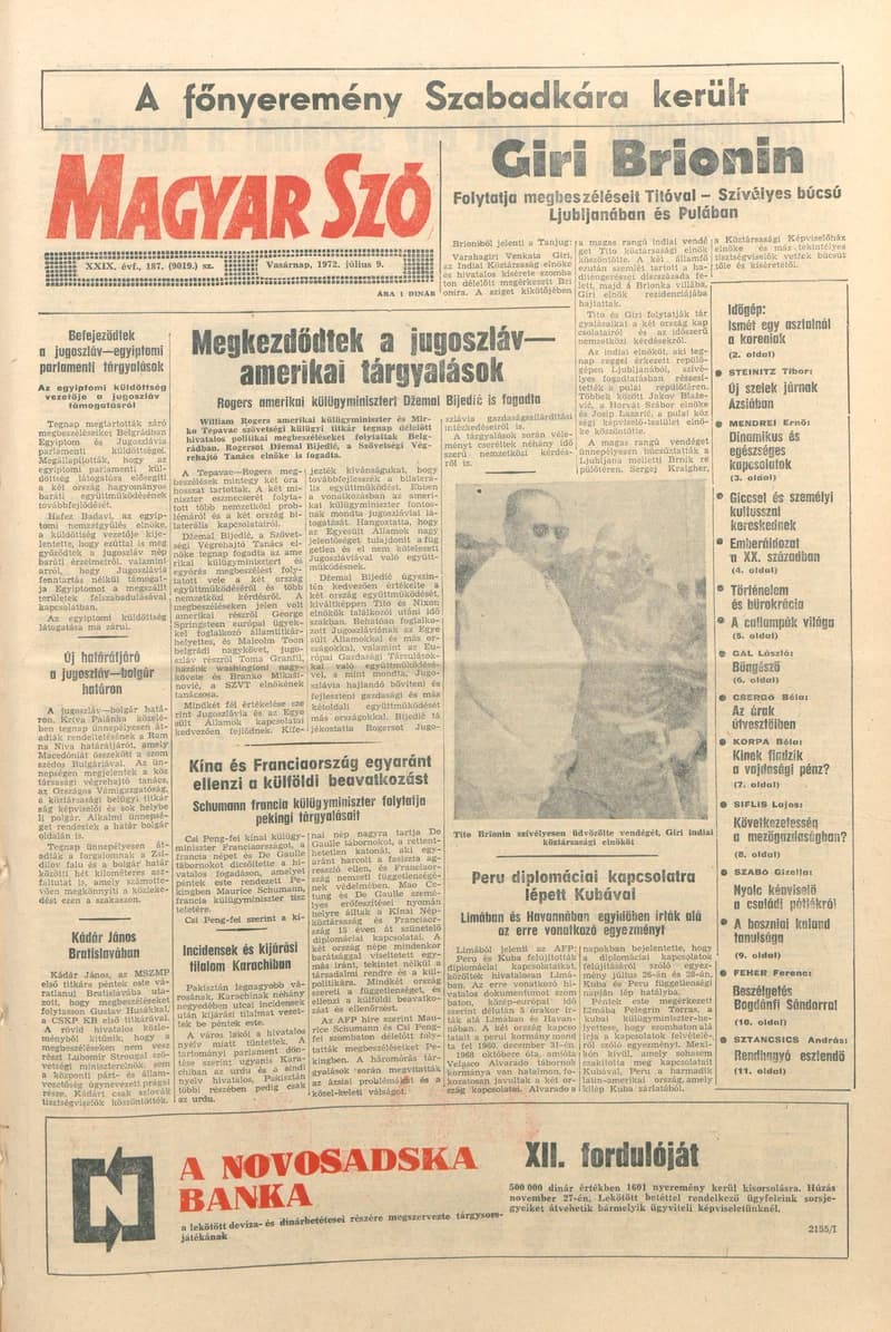 Magyar Szó, 29. évf. 1972. július 9. 187. sz.