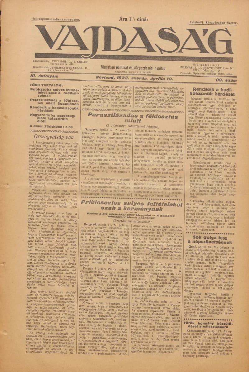 Vajdaság, 3. évf. 1923. április 18. 89. sz.