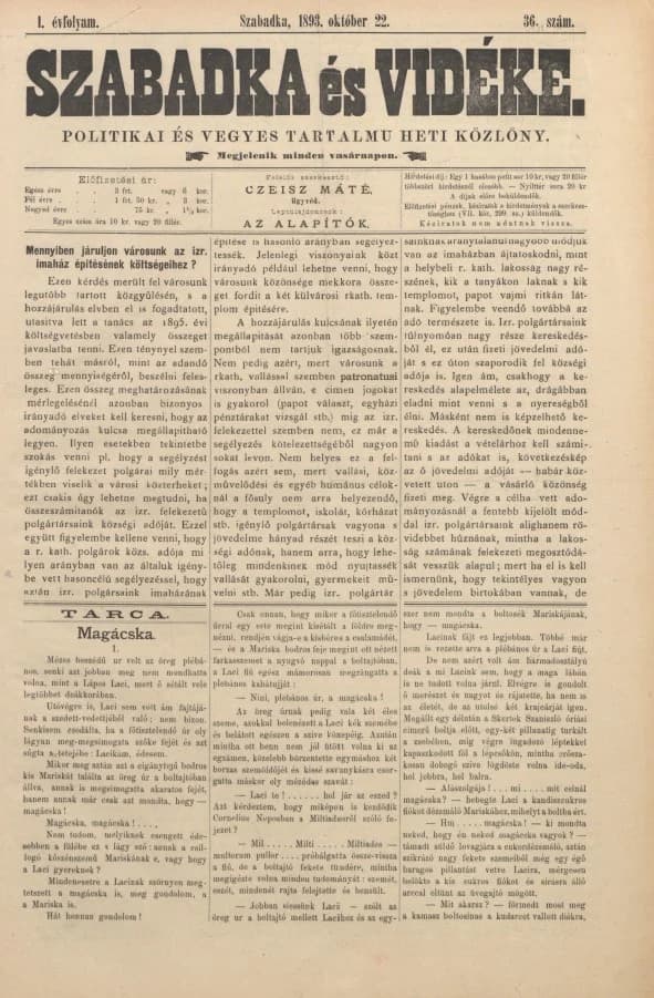 Szabadka és vidéke II, 1. évf. 1893. október 22. 36. sz.