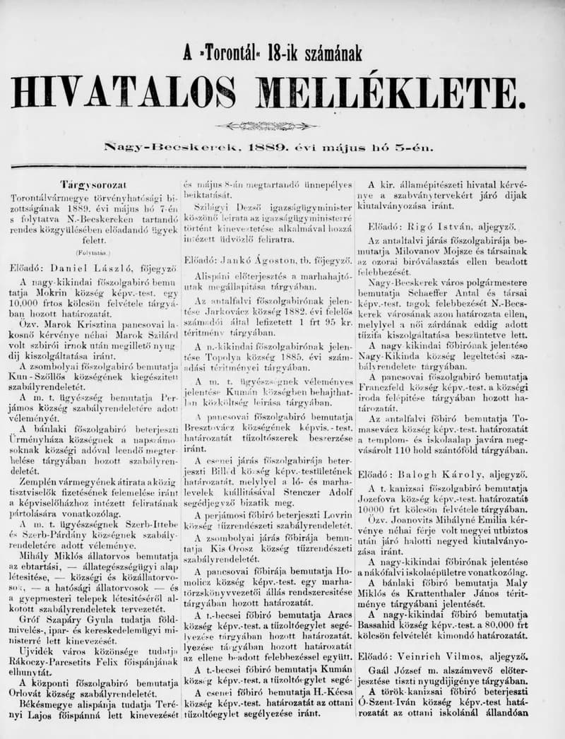 A Totontál  hivatalos melléklete, 2. évf. 1889. május 5. 18. sz.
