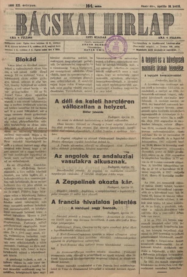 Bácskai Hirlap, 20. évf. 1916. április 10. 164. sz.