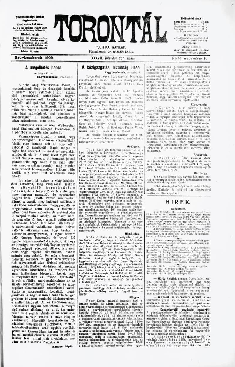 Torontál, 38. évf. 1909. november 8. 254. sz.