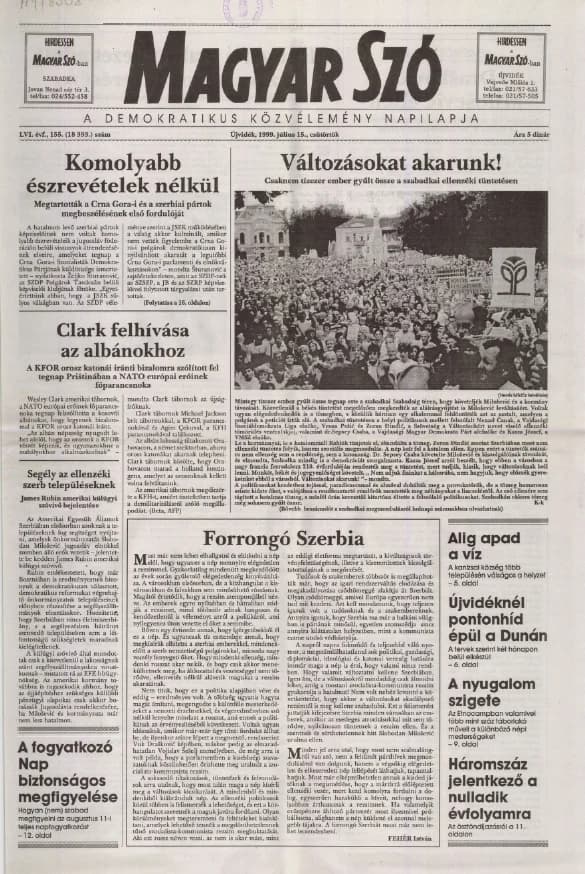 Magyar Szó, 56. évf. 1999. július 15. 155. sz. 1–16. oldal
