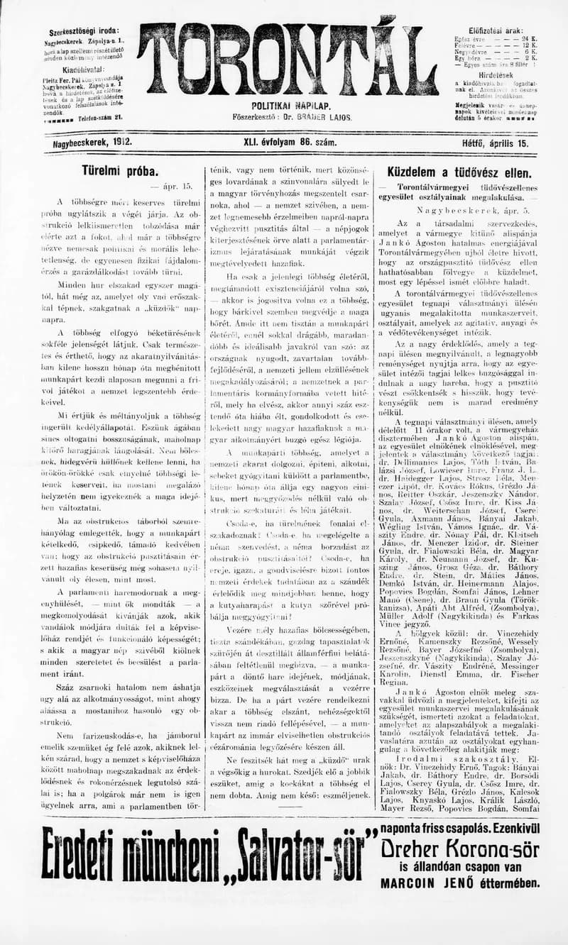 Torontál, 41. évf. 1912. április 15. 86. sz.