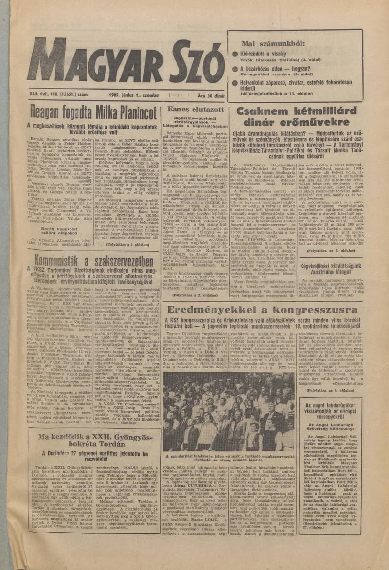 Magyar Szó, 42. évf. 1985. június 1. 148. sz. 1–28. oldal