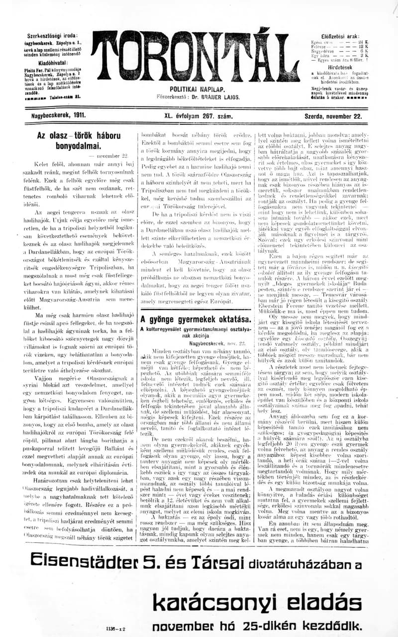 Torontál, 40. évf. 1911. november 22. 267. sz.