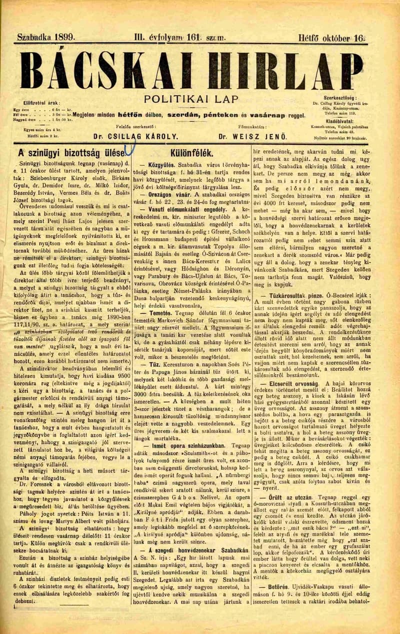 Bácskai Hirlap, 3. évf. 1899. október 16. 161. sz.