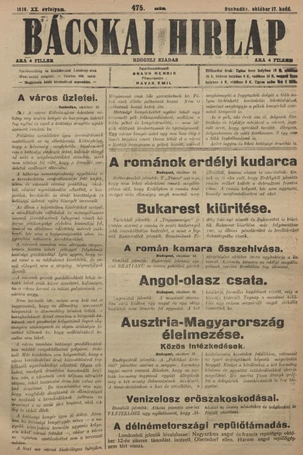 Bácskai Hirlap, 20. évf. 1916. október 17. 475. sz.