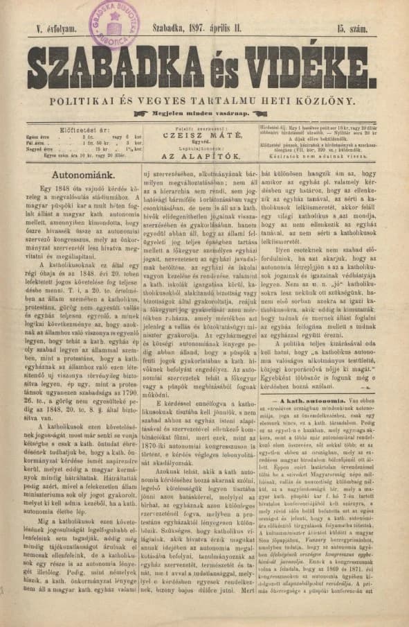 Szabadka és vidéke II, 5. évf. 1897. április 11. 15. sz.