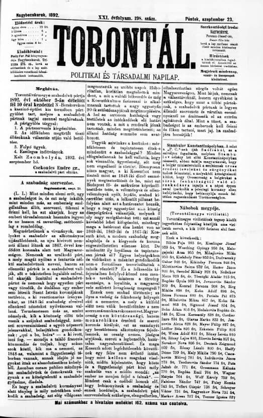 Torontál, 21. évf. 1892. szeptember 23. 198. sz.