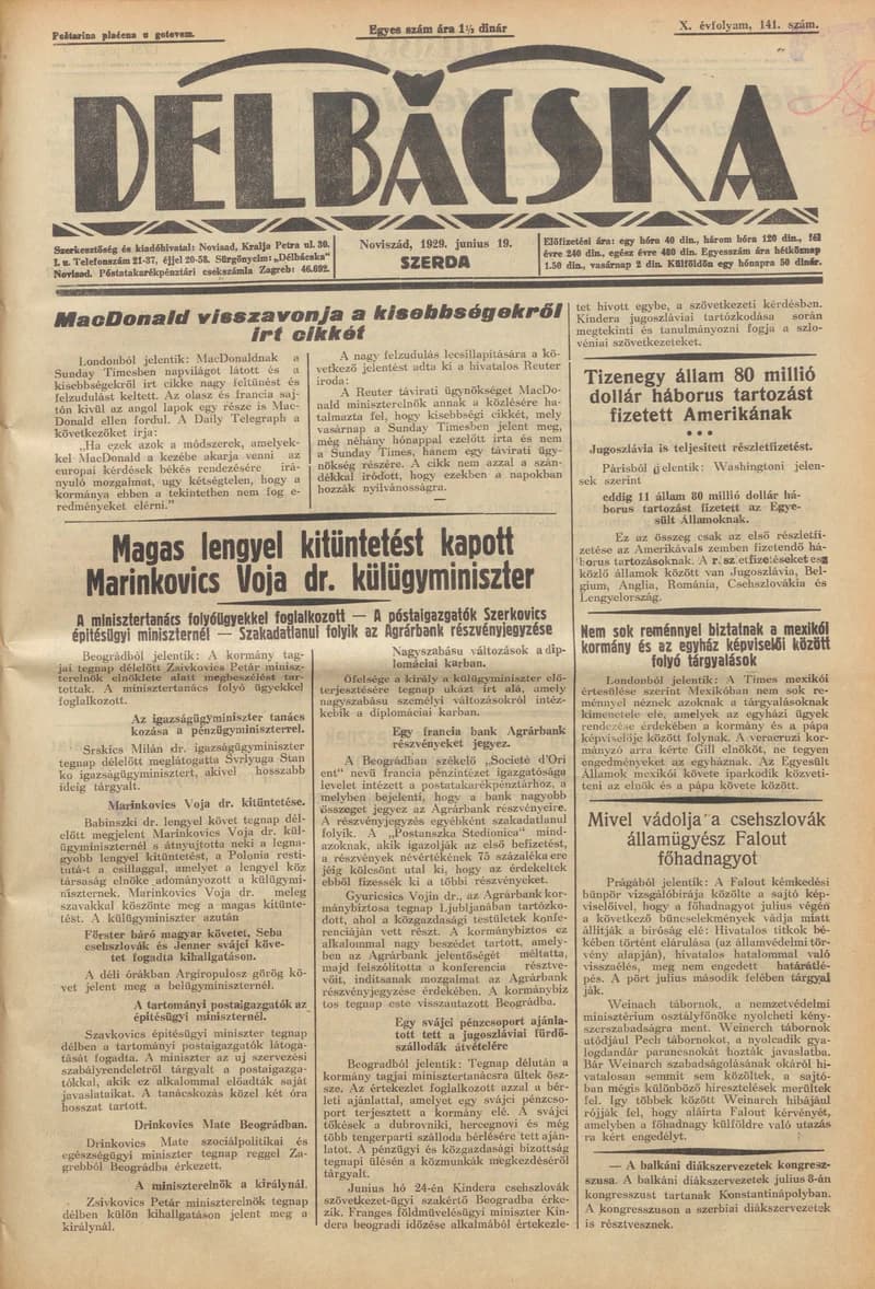 Délbácska, 10. évf. 1929. június 19. 141. sz.