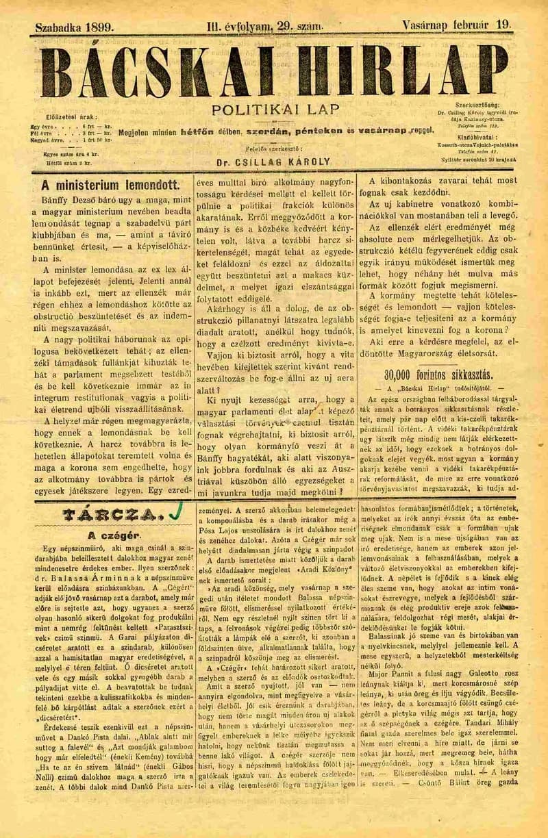Bácskai Hirlap, 3. évf. 1899. február 19. 29. sz.