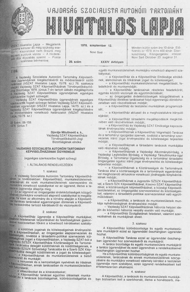 Vajdaság Szocialista Autonóm Tartomány Hivatalos Lapja, 34. évf. 1978. szeptember 12. 29. sz. 1289–1328. oldal