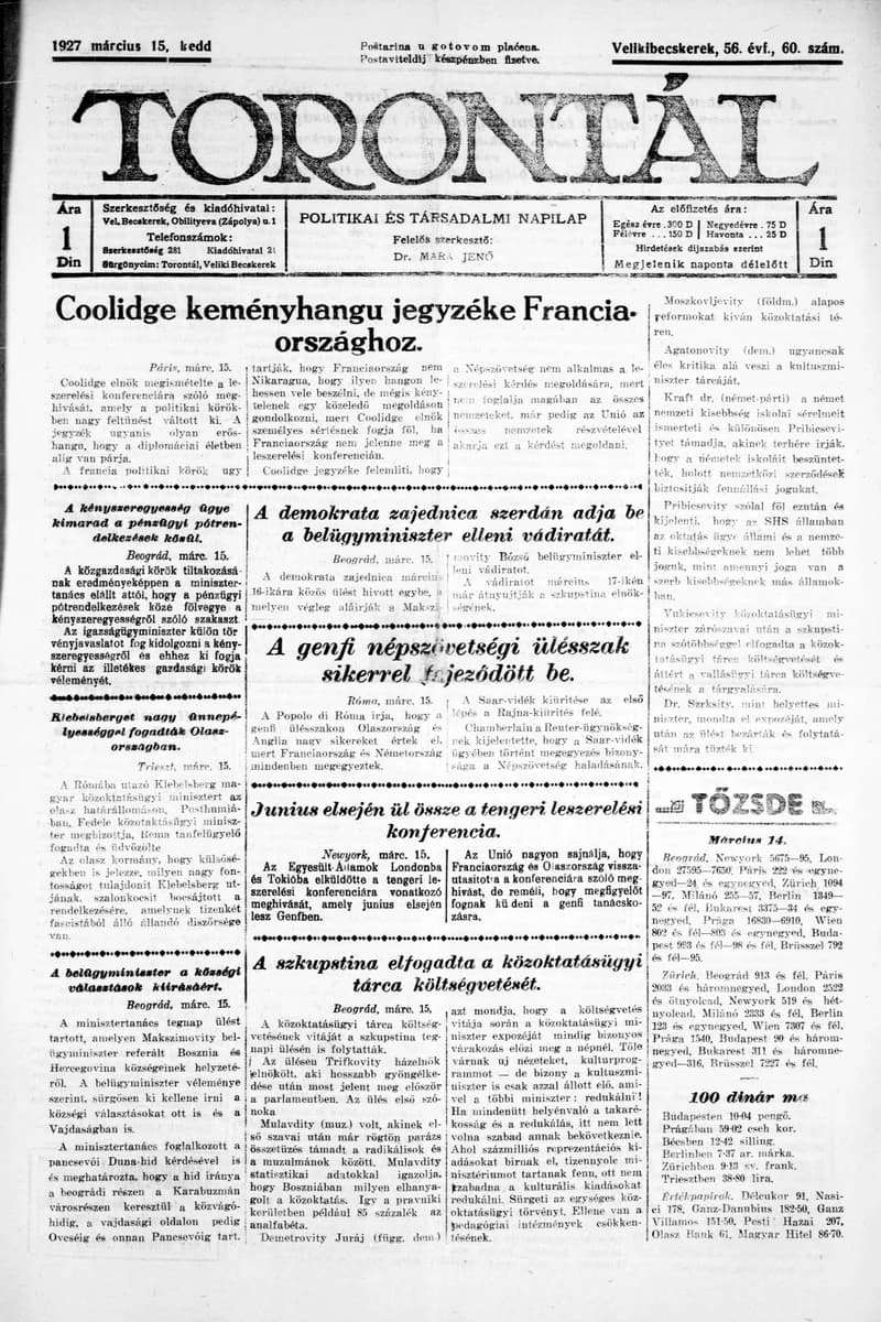 Torontál, 56. évf. 1927. március 15. 60. sz.