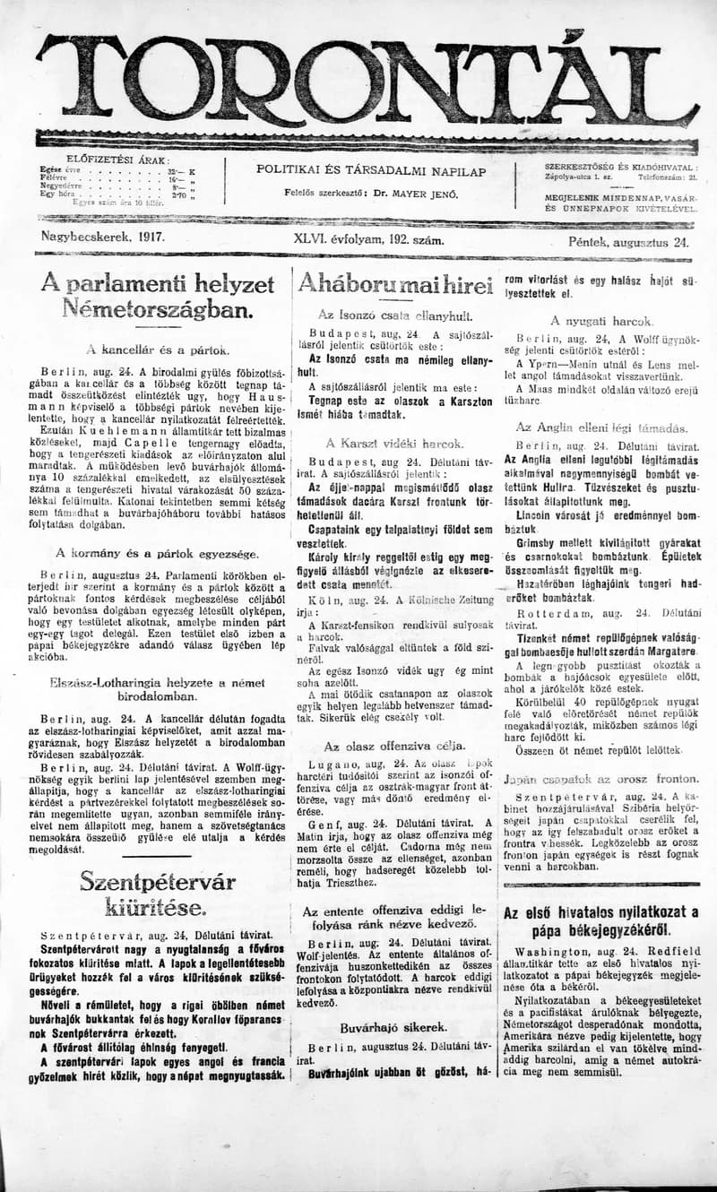 Torontál, 46. évf. 1917. augusztus 24. 192. sz.