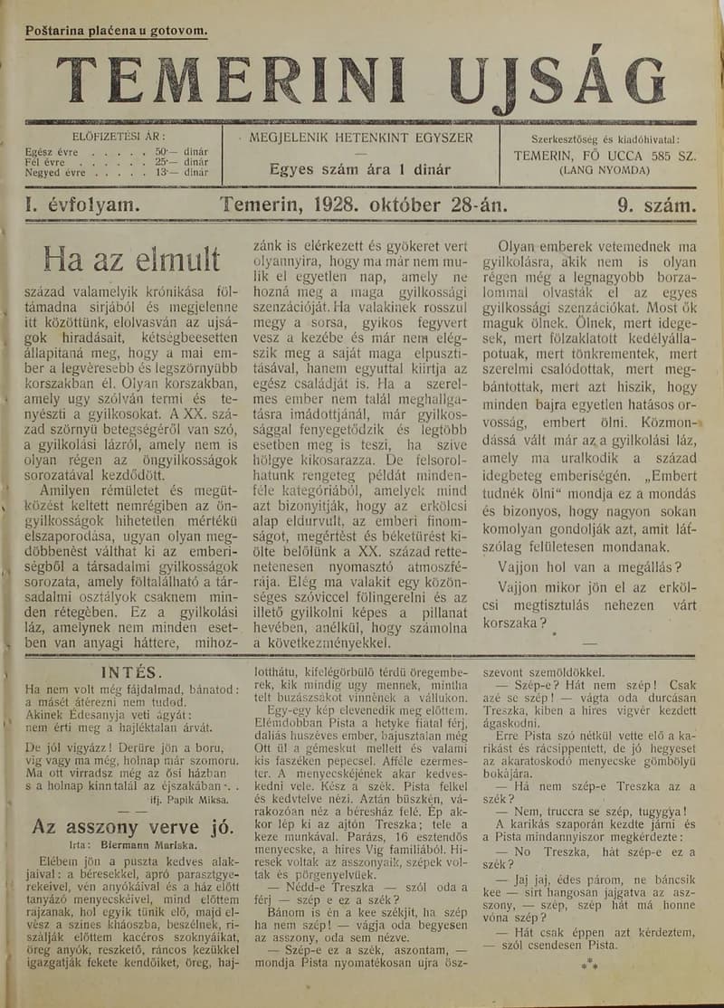 Temerini Újság 1928-1944, 1. évf. 1928. október 28. 9. sz.