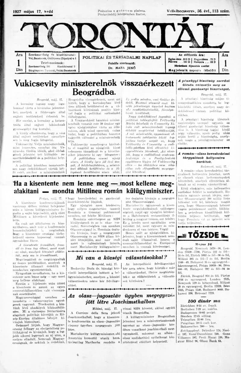 Torontál, 56. évf. 1927. május 17. 113. sz.