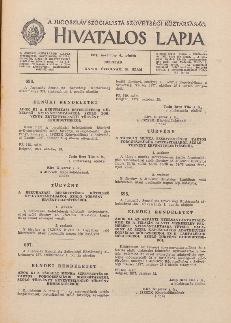 A Jugoszláv Szocialista Szövetségi Köztársaság Hivatalos Lapja, 33. évf. 1977. november 4. 53. sz. 1885–1916. oldal