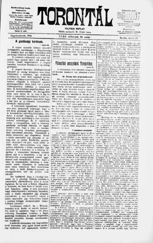 Torontál, 35. évf. 1906. április 25. 95. sz.