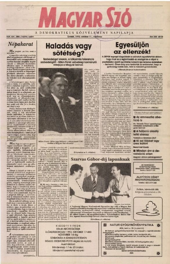 Magyar Szó, 49. évf. 1992. október 11. 280. sz. 1–28. oldal
