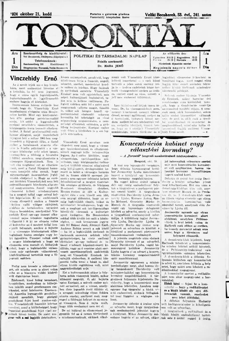 Torontál, 53. évf. 1924. október 21. 241. sz.