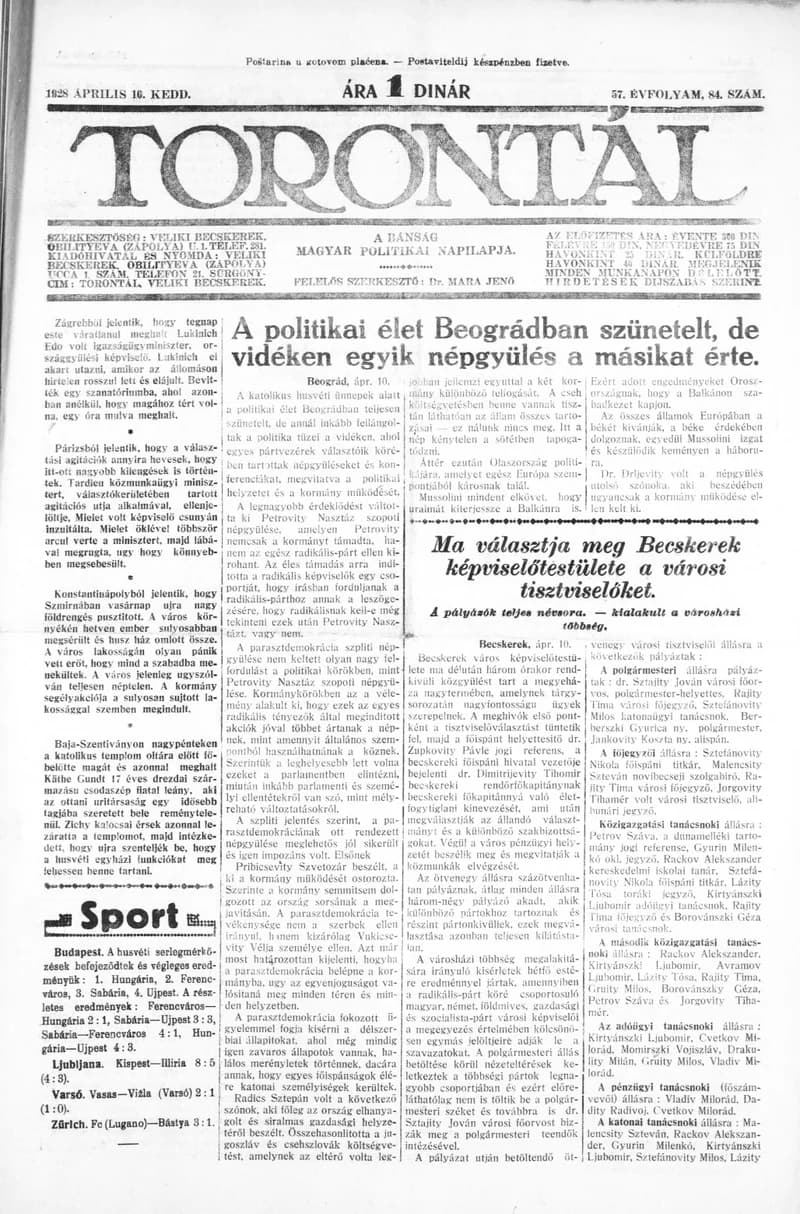 Torontál, 57. évf. 1928. április 10. 84. sz.