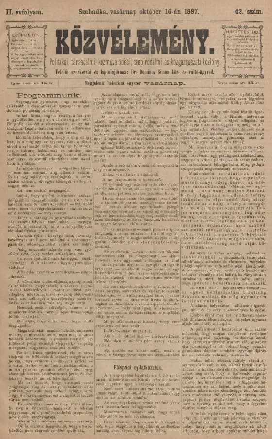 Közvélemény, 2. évf. 1887. október 16. 42. sz.