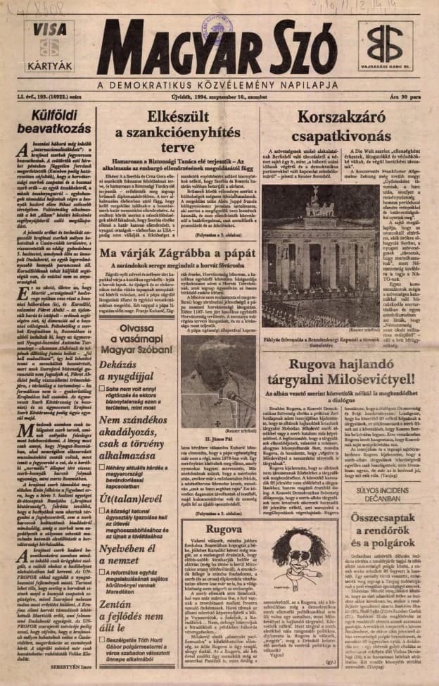 Magyar Szó, 51. évf. 1994. szeptember 10. 193. sz. 1–16. oldal