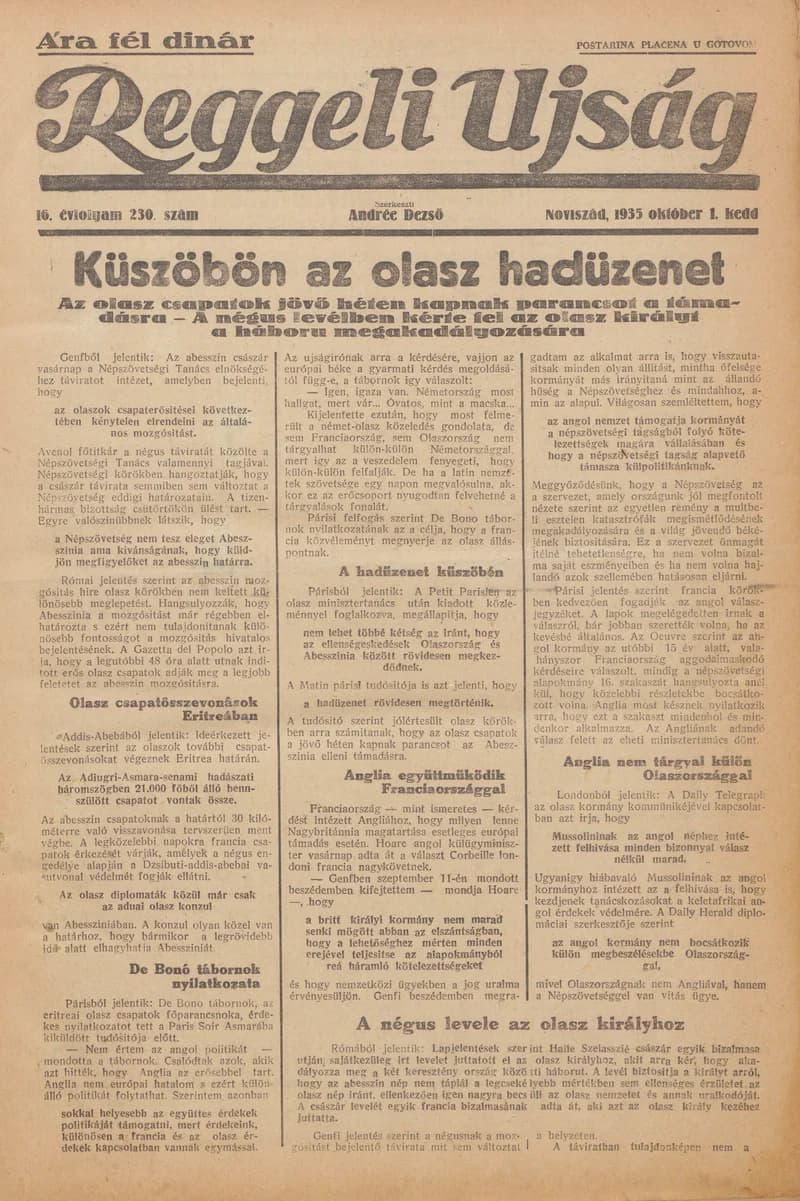 Reggeli Újság, 16. évf. 1935. október 1. 230. sz.