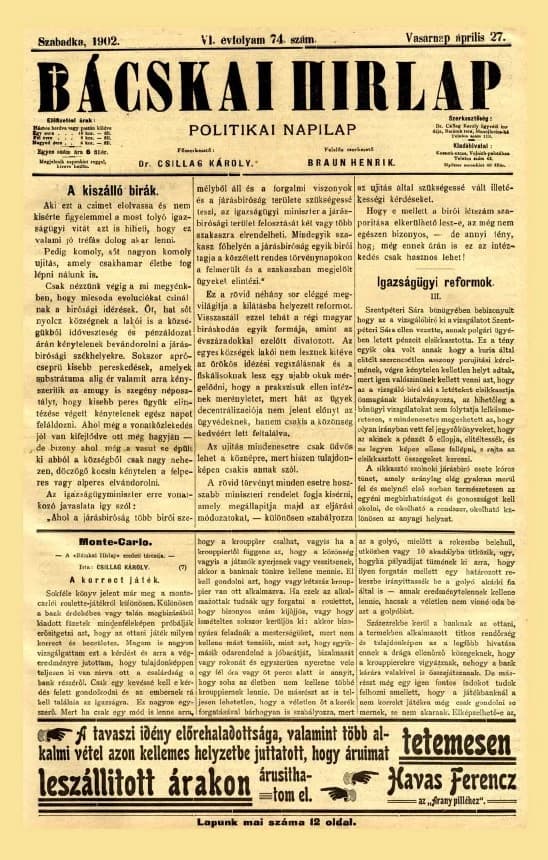 Bácskai Hirlap, 6. évf. 1902. április 27. 74. sz.
