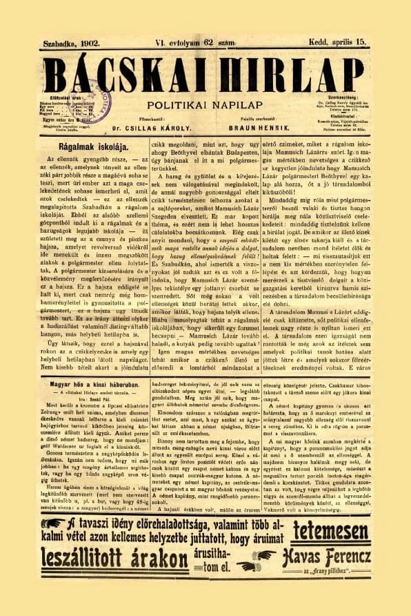Bácskai Hirlap, 6. évf. 1902. április 15. 62. sz.