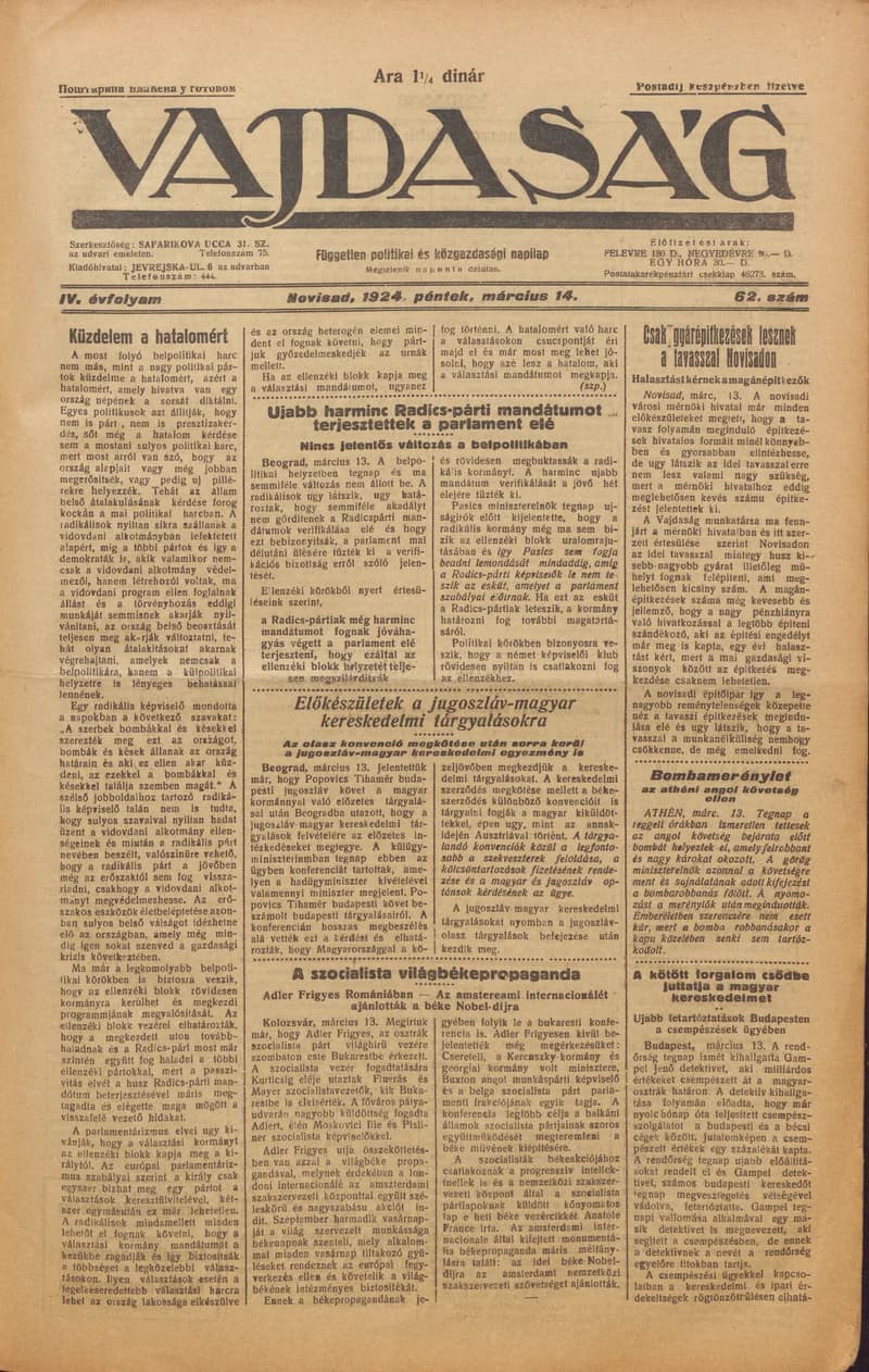 Vajdaság, 4. évf. 1924. március 14. 62. sz.