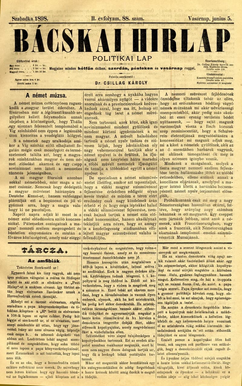 Bácskai Hirlap, 2. évf. 1898. június 5. 88. sz. 1–4. oldal