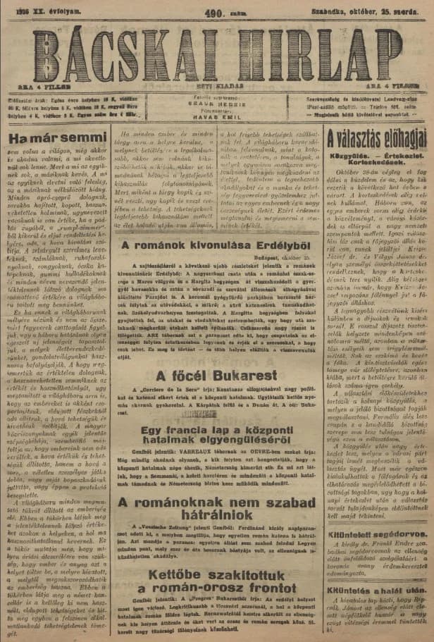 Bácskai Hirlap, 20. évf. 1916. október 25. 490. sz.