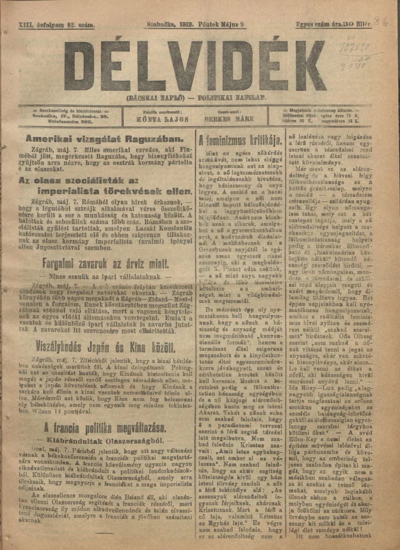 Délvidék, 13. évf. 1919. május 9. 82. sz.